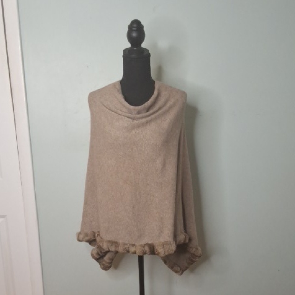 La Fiorentina Tan Poncho with Pom-Pom Detail